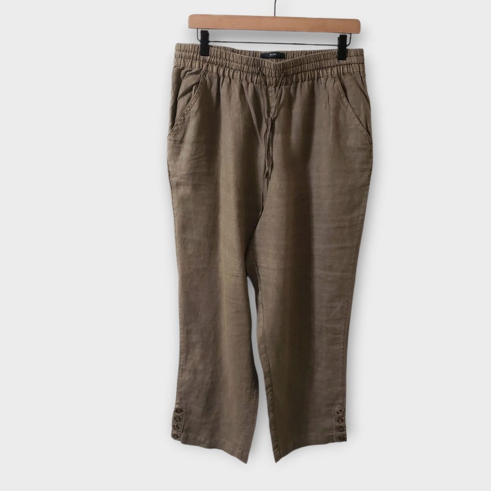 Nicole Miller New York 100% Linen Crop Pants Brown Elastic Waist Large